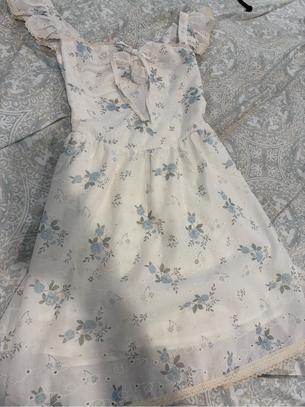 Cream Mini Dress with Light Blue Floral Print